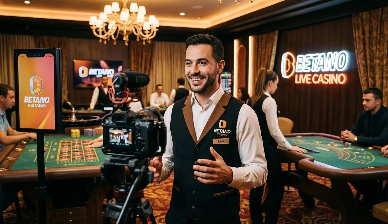 Crupier transmitiendo juegos en vivo en la app Betano Casino