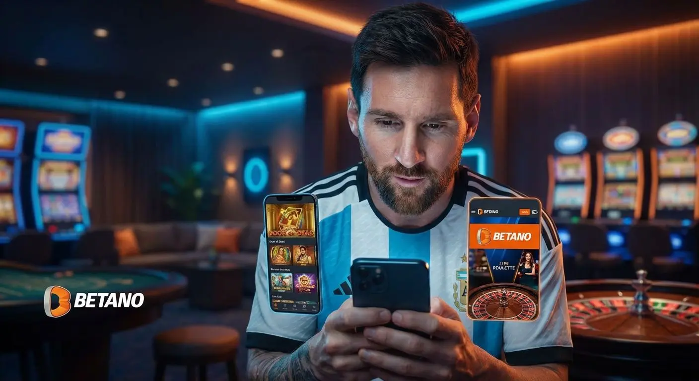 Jugador argentino usando la app móvil de Betano Casino en ambiente moderno de casino