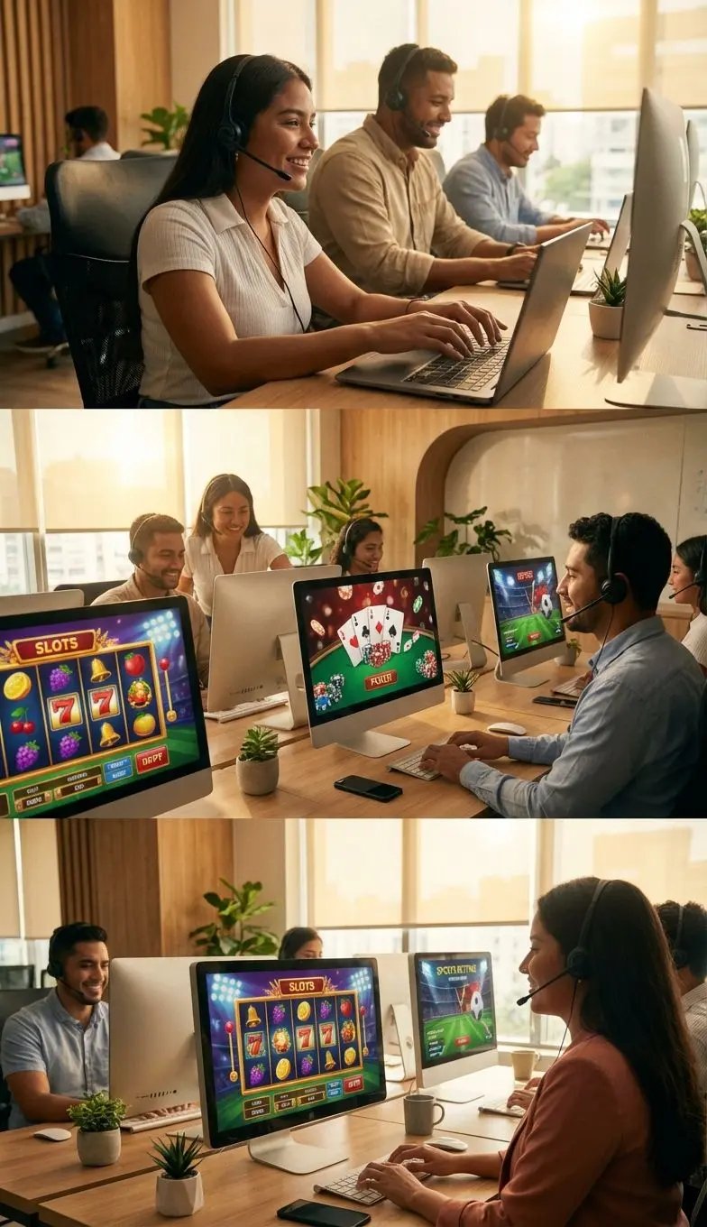 Soporte técnico Betano ayudando a usuarios en oficina coworking