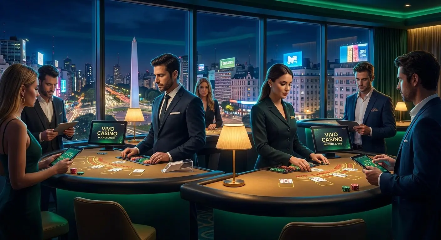 Vista realista de mesa de blackjack con crupier en un casino online inspirado en Buenos Aires