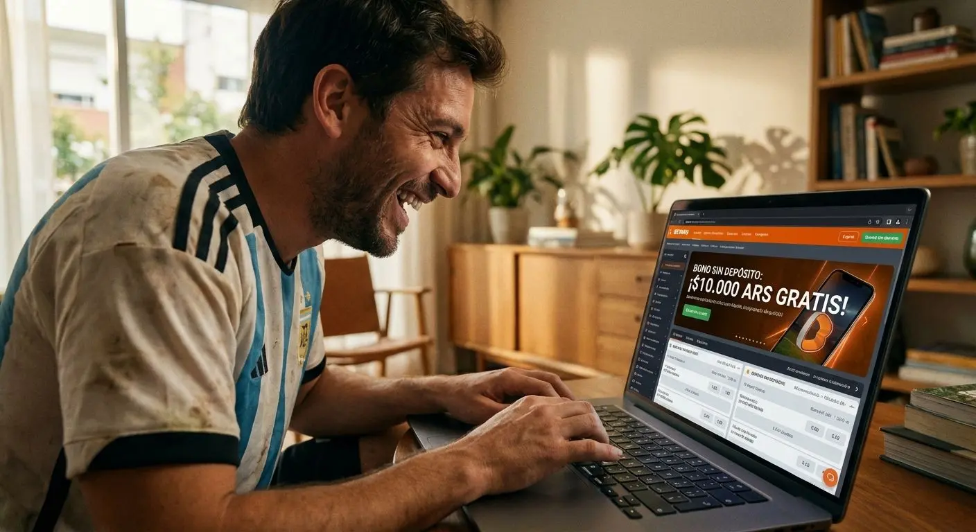 Apostador argentino con bono sin depósito Betano Apostador argentino disfrutando del bono sin depósito Betano en casa, delante de un portátil