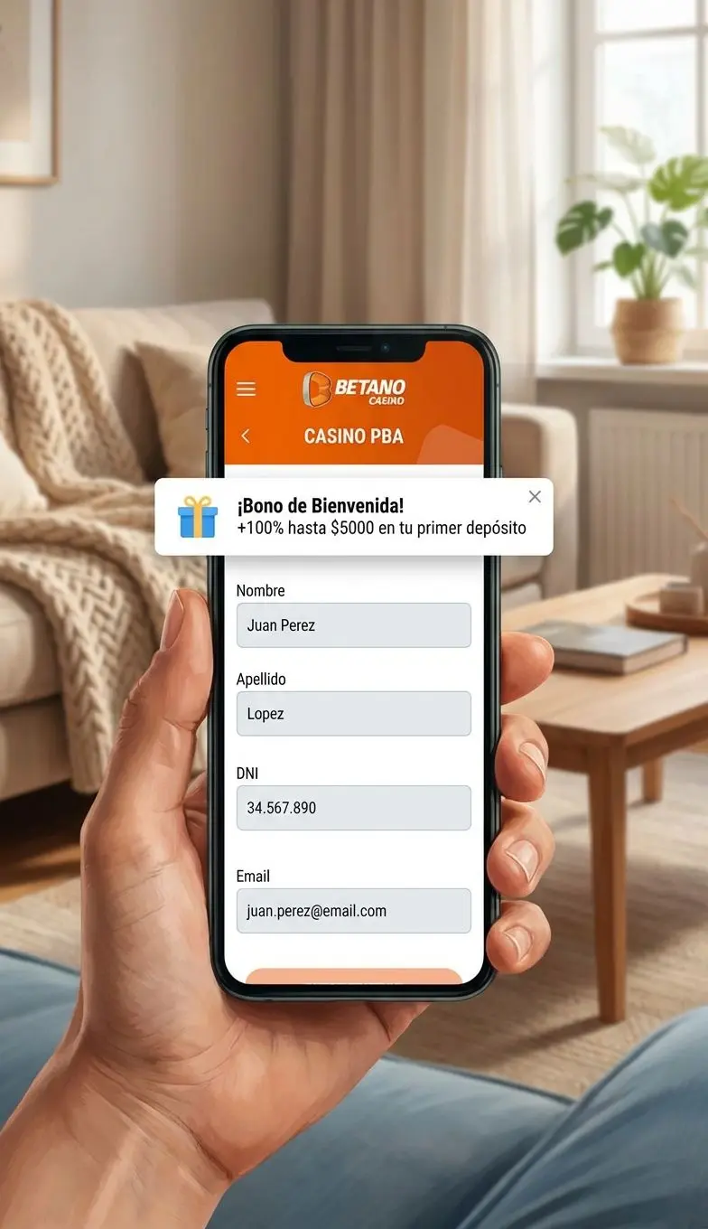 Usuario argentino completando registro en Betano con bono de bienvenida visible
