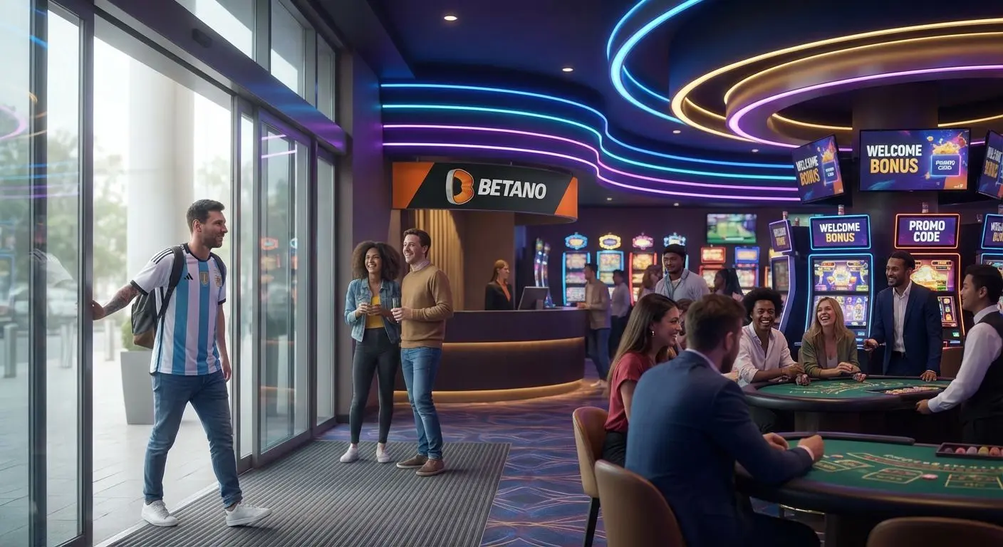 Jugador argentino entrando en el casino Betano, ambiente vibrante y colores vivos, con ofertas de bonos visibles.