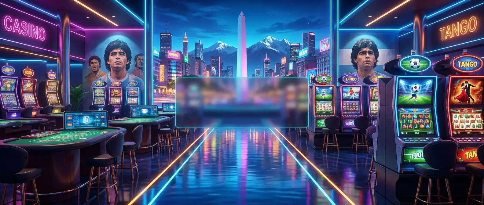Casino online argentino moderno con mesas y tragamonedas coloridas, fondo digital art