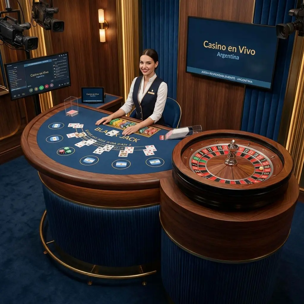 Crupier de casino en vivo con mesa de cartas y ruleta para jugadores en Argentina