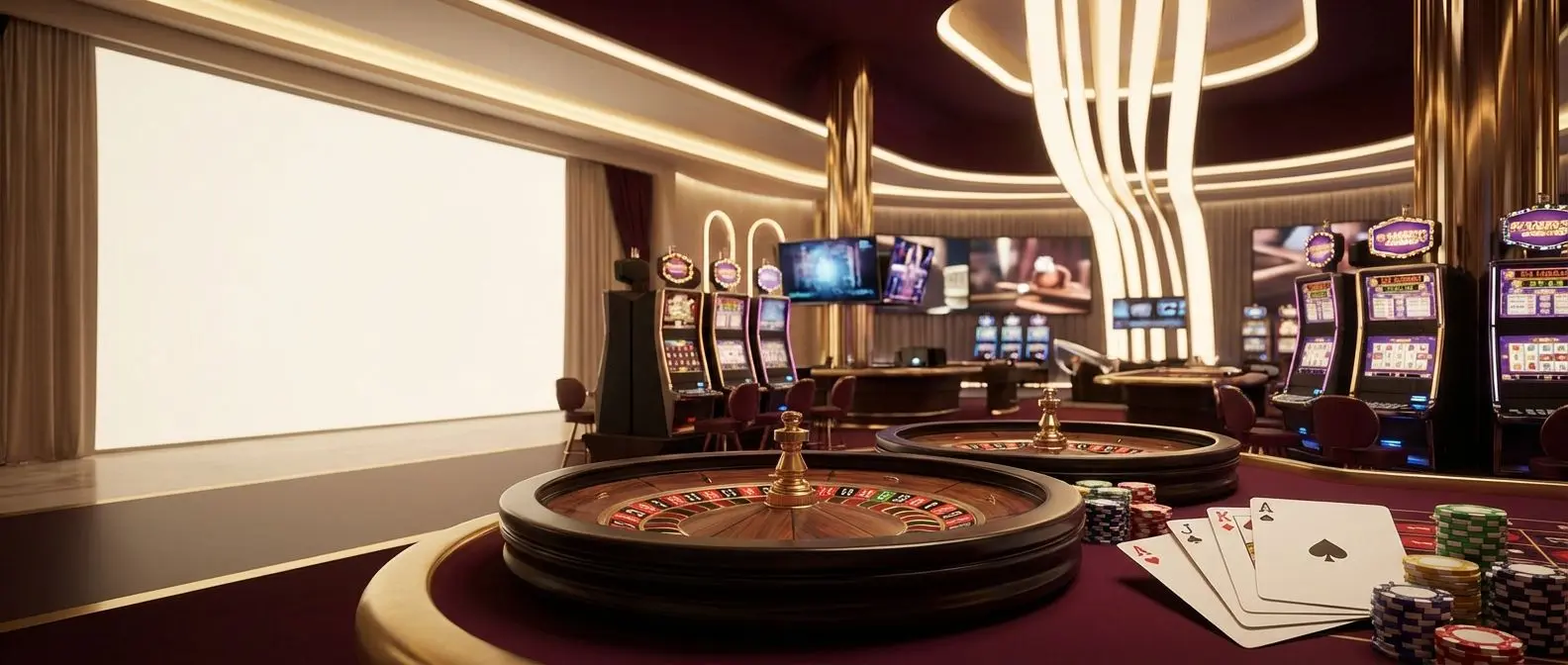 Panorámica de juegos de casino online con tragamonedas, ruleta y cartas en ambiente moderno