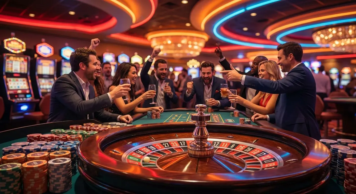 Banner con ruleta de casino, fichas y luces neón reflejando la atmósfera de Betano