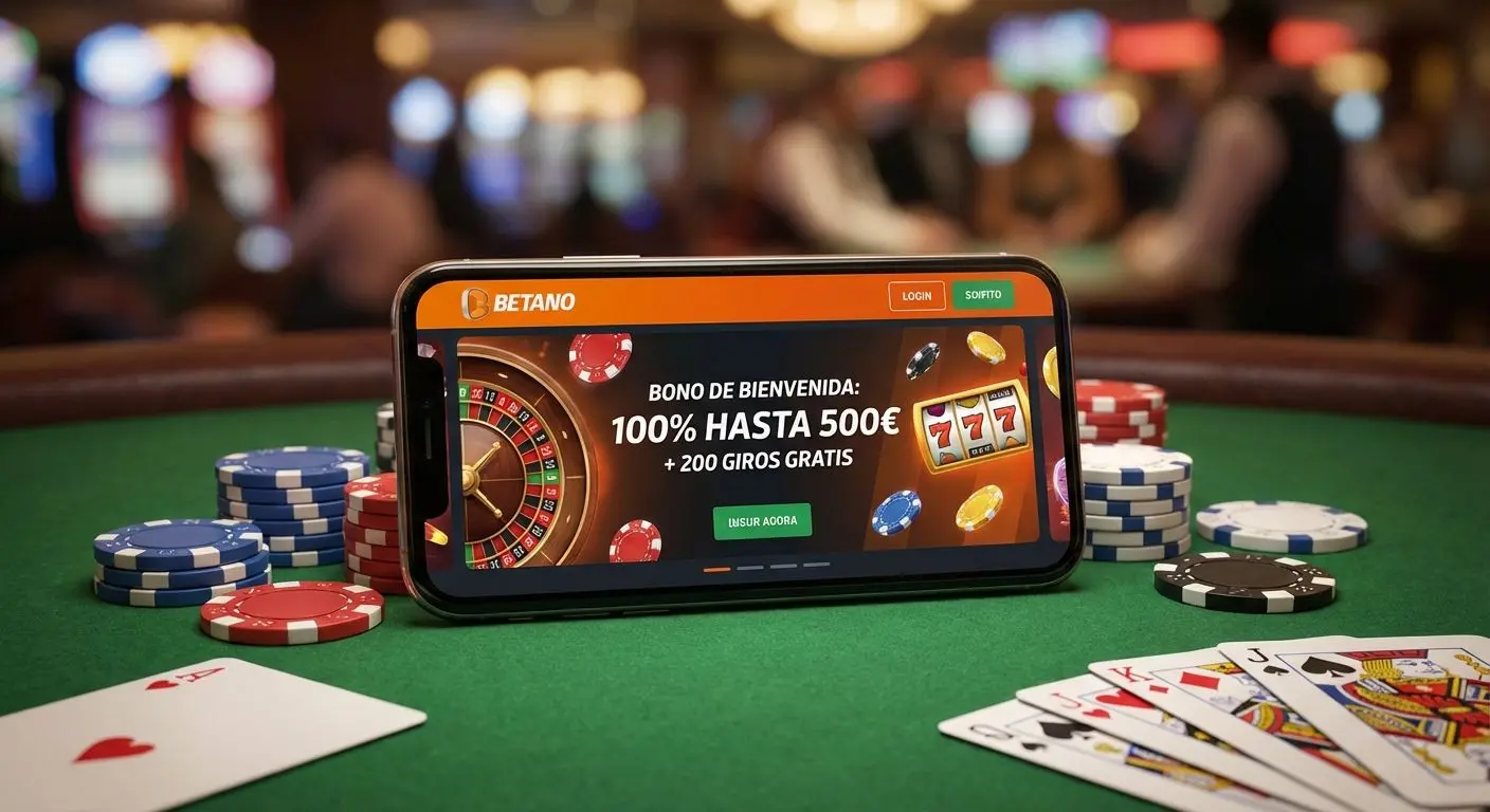 Vista de una app de casino con bonos Betano en un móvil, rodeado de fichas y cartas