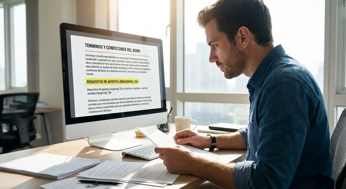 Persona revisando requisitos de apuesta de un bono Betano en ordenador