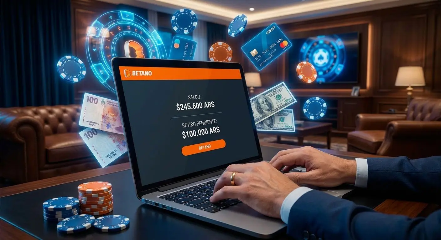 Usuario argentino preparando un retiro online en Betano con interfaz de casino y dinero visible.