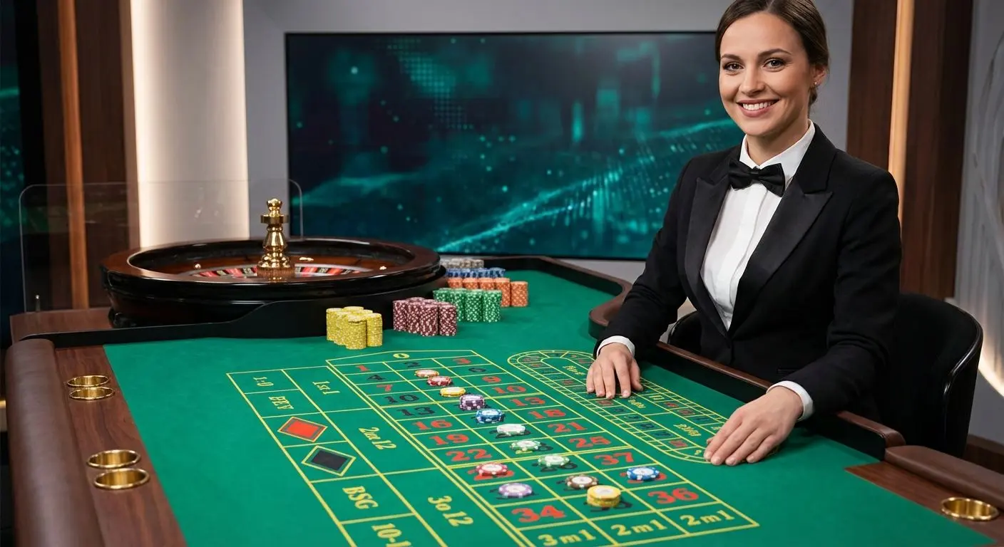 Crupier de ruleta europea en Betano con fichas coloridas sobre el tapete