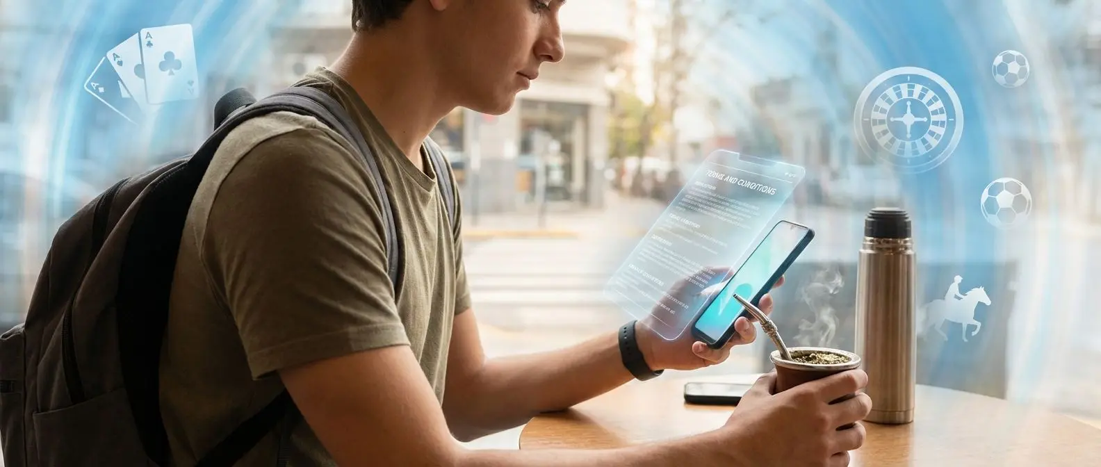 Usuario argentino revisando los términos y condiciones en el sitio de Betano con ambiente moderno