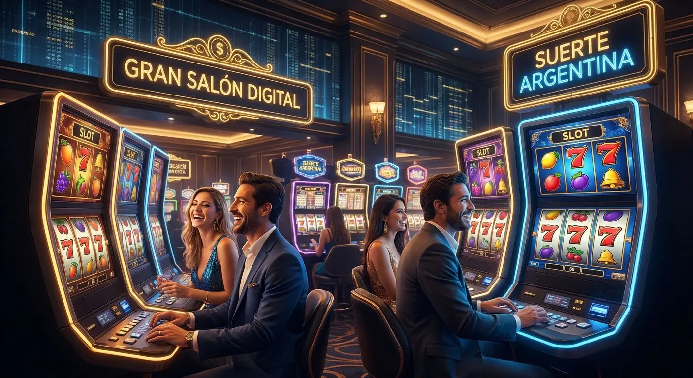 Jugadores argentinos en un casino moderno disfrutando tragamonedas brillantes y ambiente nocturno.