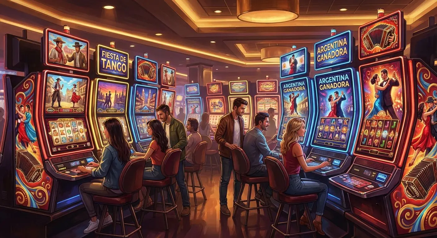 Vista de varias tragamonedas con diseños modernos y jugadores argentinos disfrutando en línea.