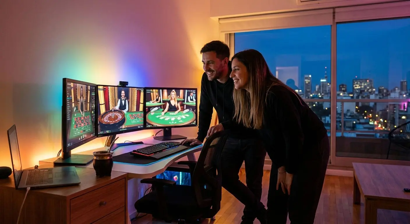 Jugadores argentinos divirtiéndose con casino en vivo Betano frente a pantalla de computadora con ruleta y blackjack.